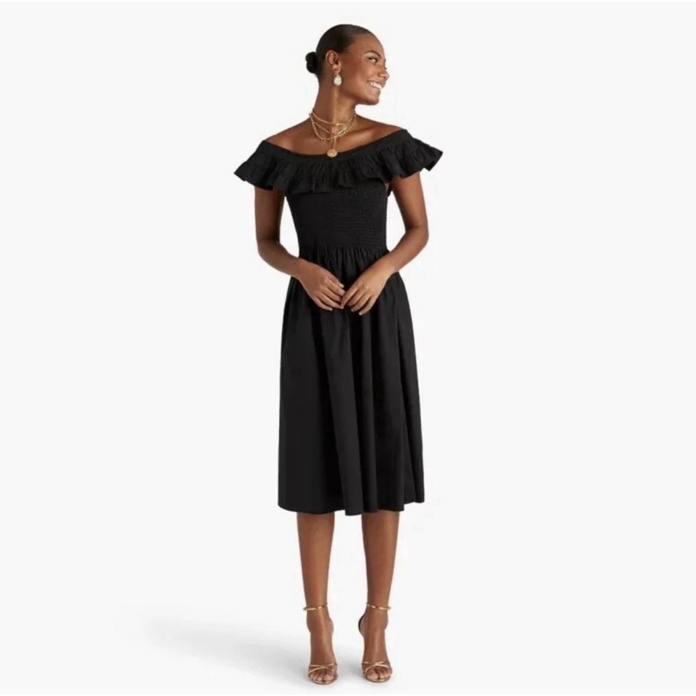 Hill House Home Akilah Nap Dress Black Smocked Ruffle Midi‎ Sz L NWT
